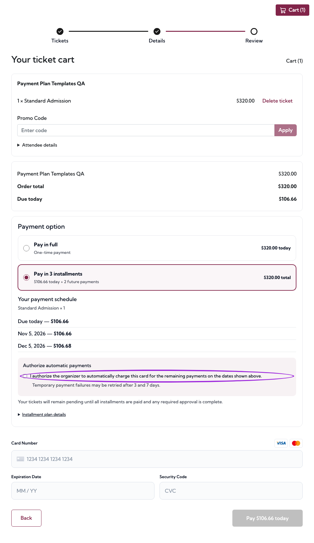 Compact installment checkout with the automatic-charge authorization circled
