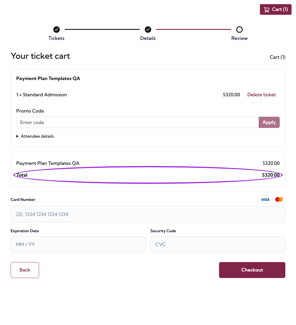 Normal card checkout with the full $320 total circled and no installment notice