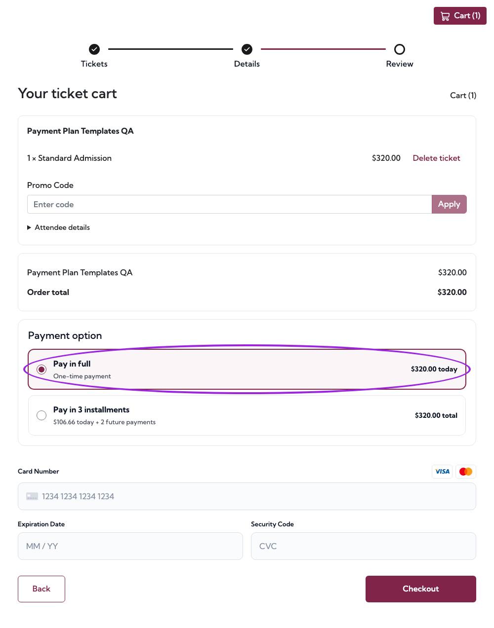 Checkout with Pay in Full selected and the payment options circled