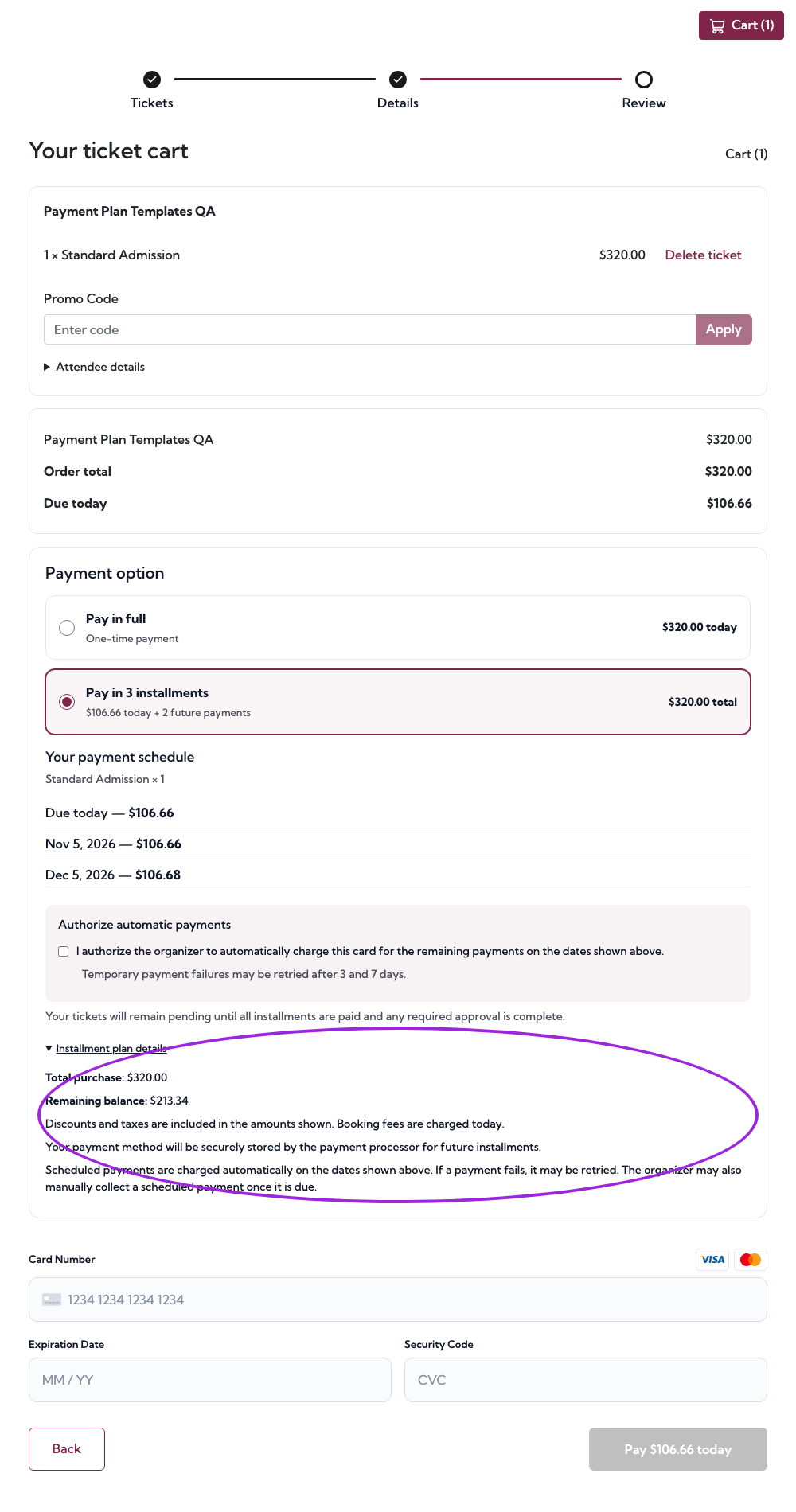Expanded installment plan details using the burgundy brand accent, with full purchase value, remaining balance and concise collection terms