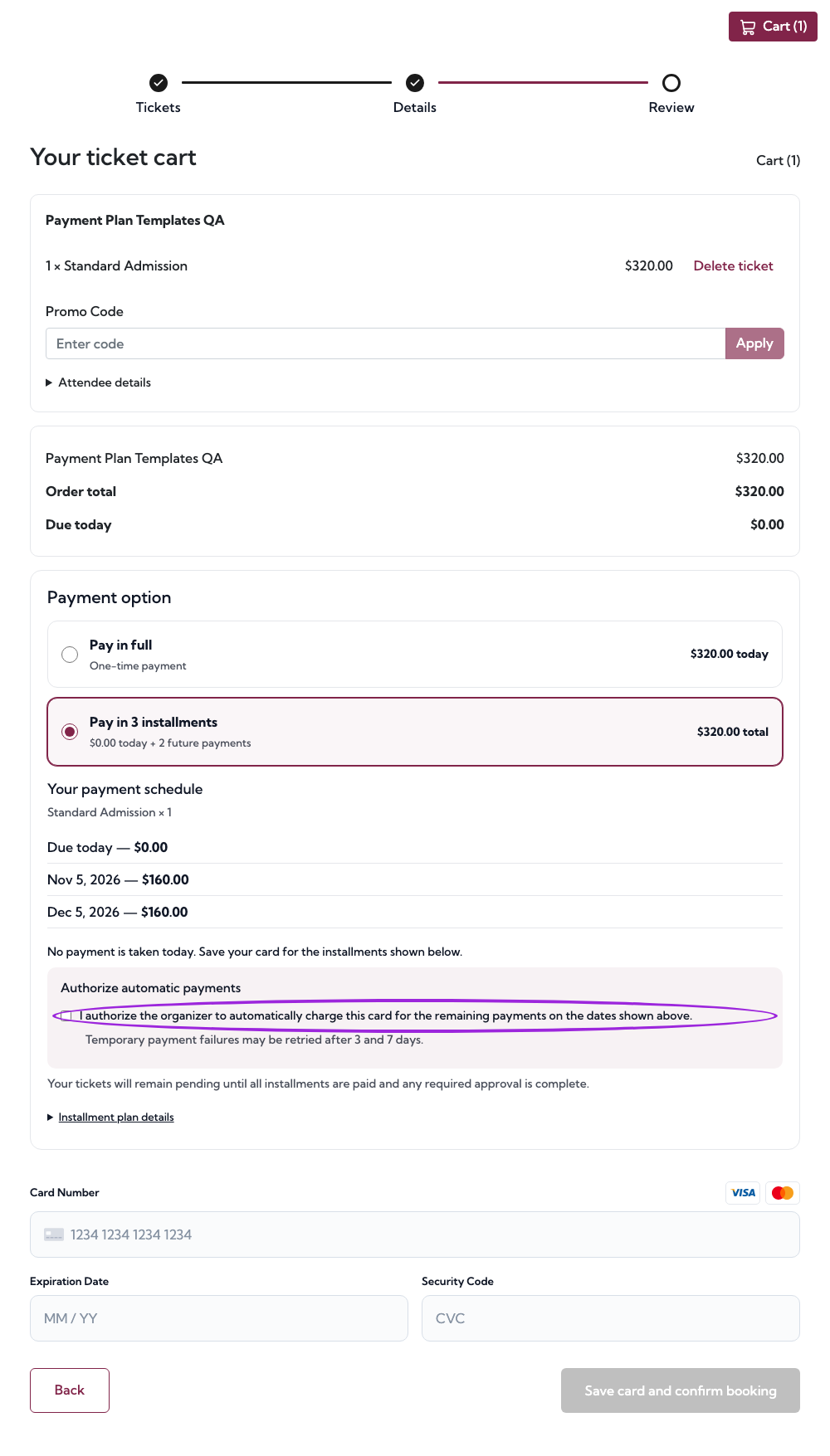 Zero-deposit checkout with no payment due today and the required saved-card agreement circled