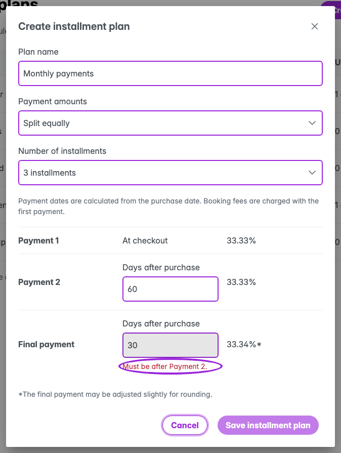 Installment plan date ordering error with the invalid field and disabled Save action