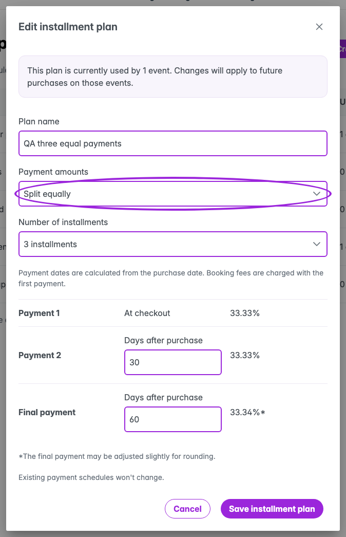 Equal split payment template with the split selector circled