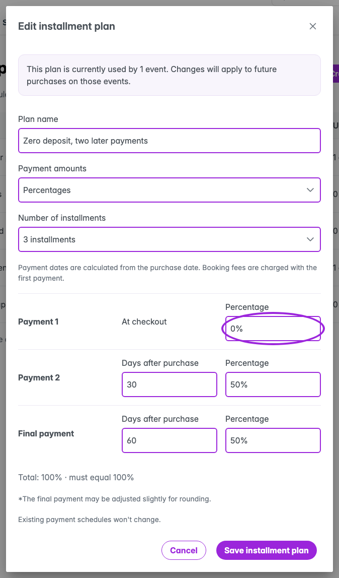 Installment plan template editor with the zero-percent checkout payment circled