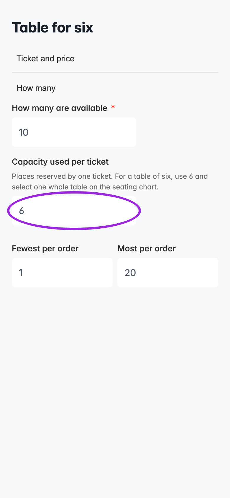 Mobile ticket editor showing six places per ticket and ticket quantity limits