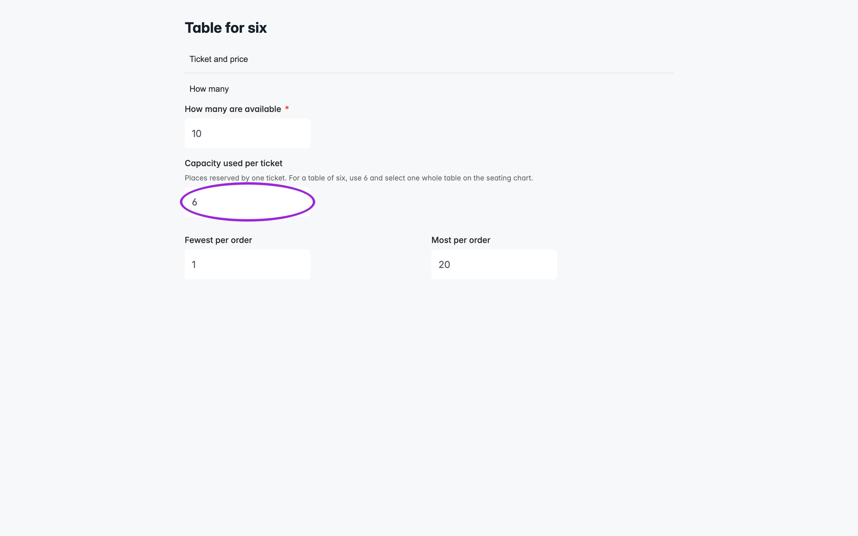 A Table for six ticket with inventory of ten and capacity used per ticket set to six