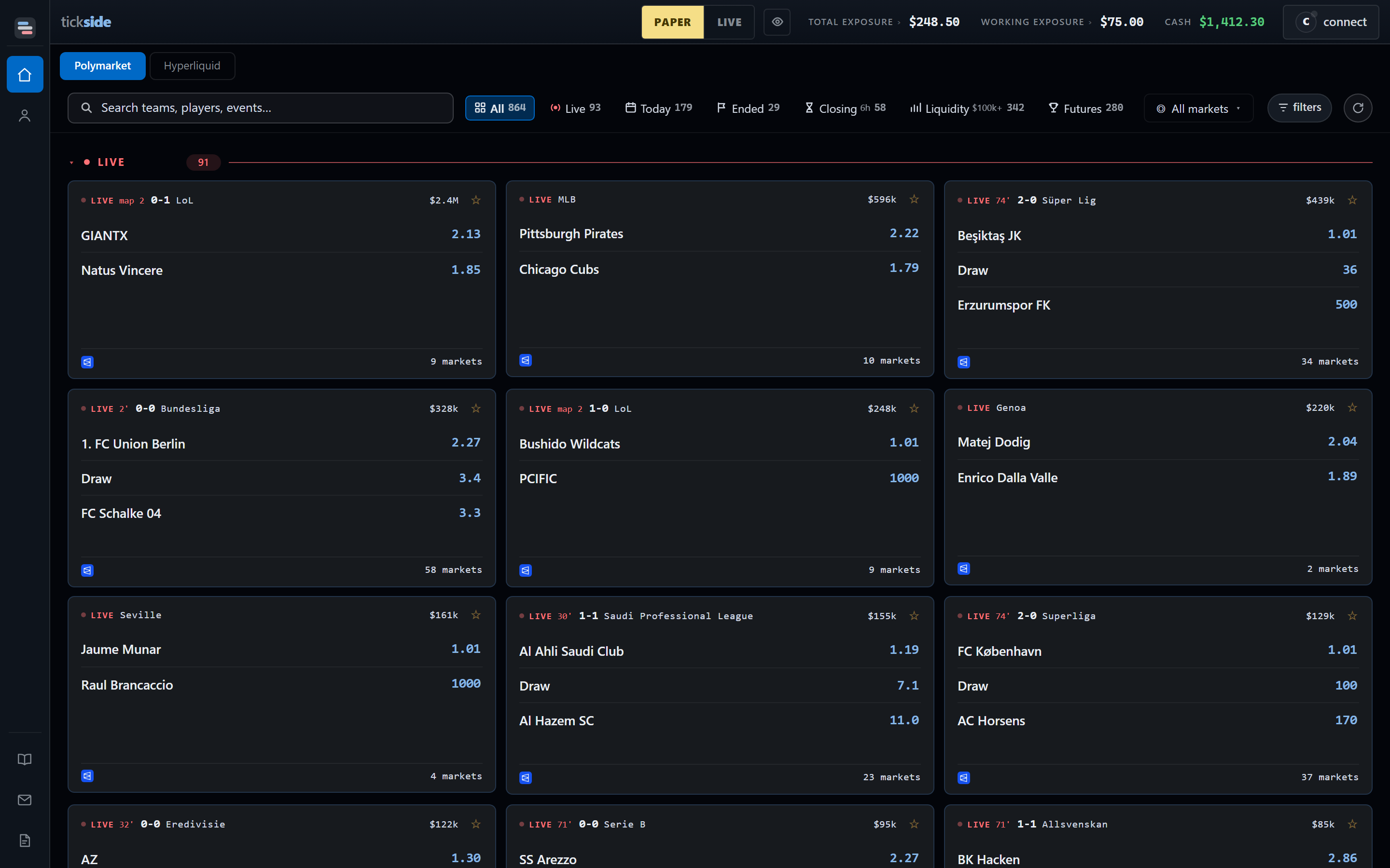 The tickside Markets board: a search field and filter controls above a grid of event cards, each showing a venue logo, the event name, its category, its volume and a price for every outcome.