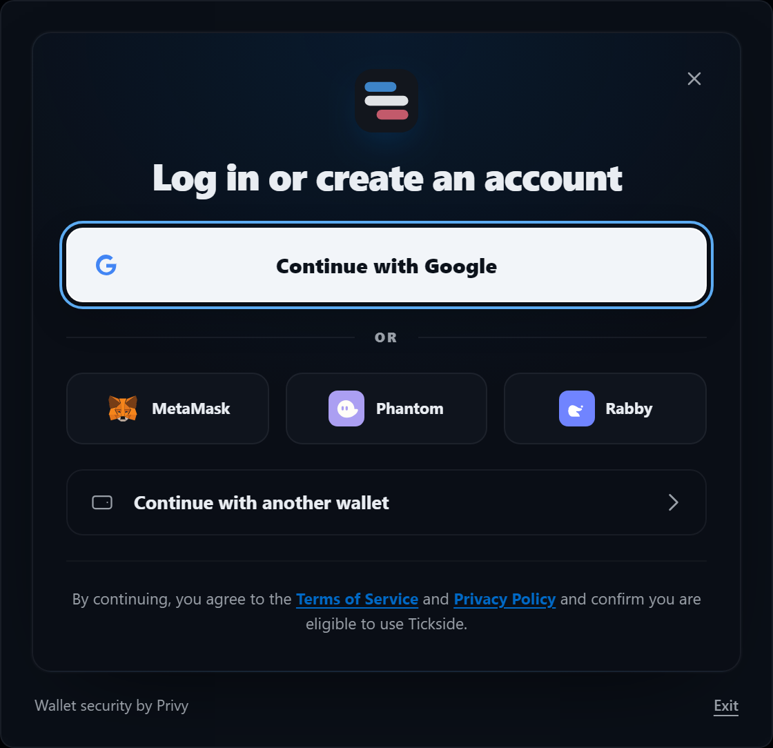 The tickside sign-in card, headed Log in or create an account: a Continue with Google button, then MetaMask, Phantom and Rabby side by side, then Continue with another wallet, above a line agreeing to the Terms of Service and Privacy Policy. The card is marked wallet security by Privy.