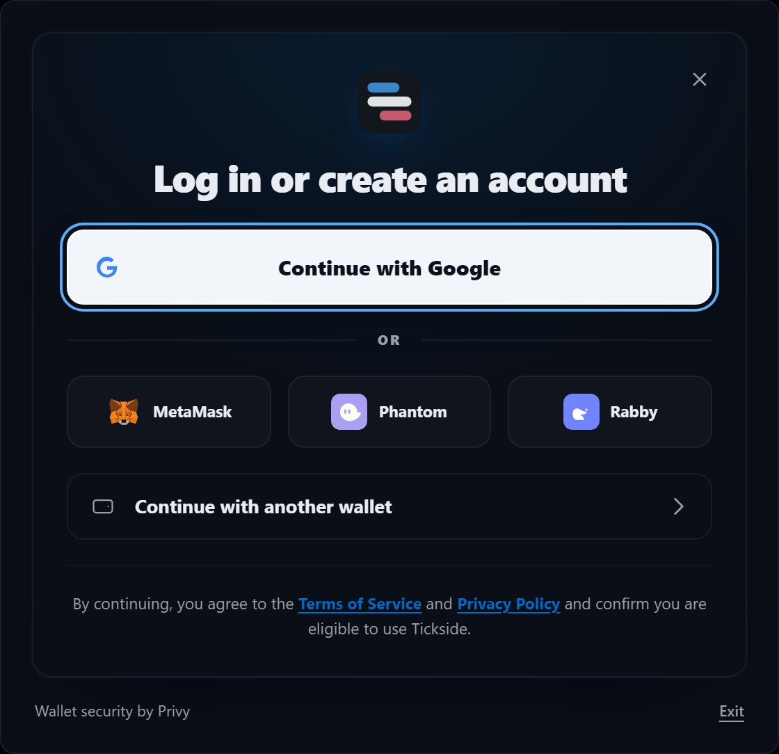 The tickside sign-in card, headed Log in or create an account: a Continue with Google button, then MetaMask, Phantom and Rabby side by side, then Continue with another wallet, above a line agreeing to the Terms of Service and Privacy Policy. The card is marked wallet security by Privy.