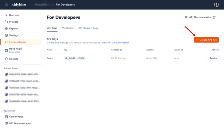 Tidyhire For Developers API Keys