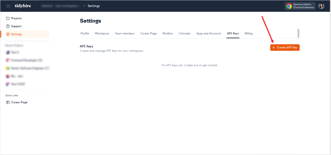 Tidyhire API Keys Settings