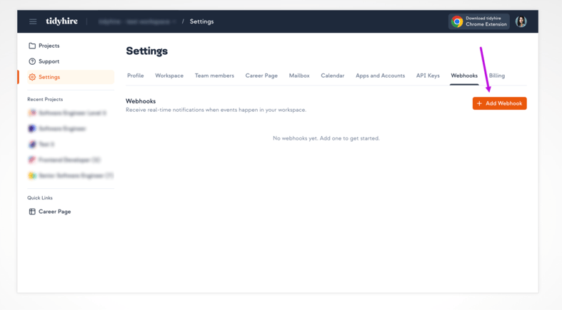 Tidyhire Webhook Settings