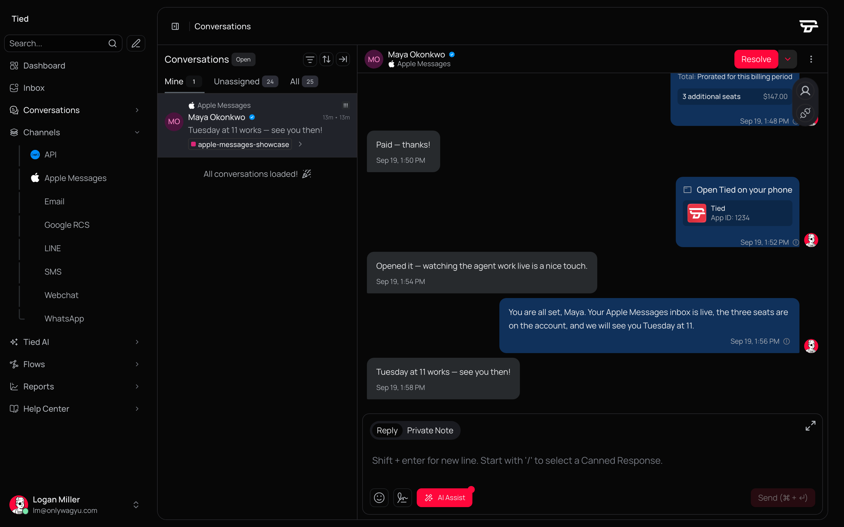 A conversation open in the shared inbox, with the reply composer below it.