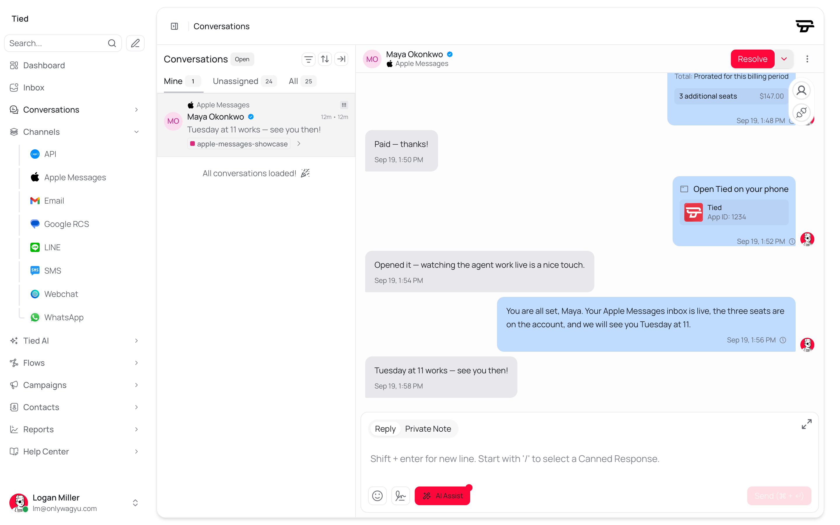 A conversation open in the shared inbox, with the reply composer below it.