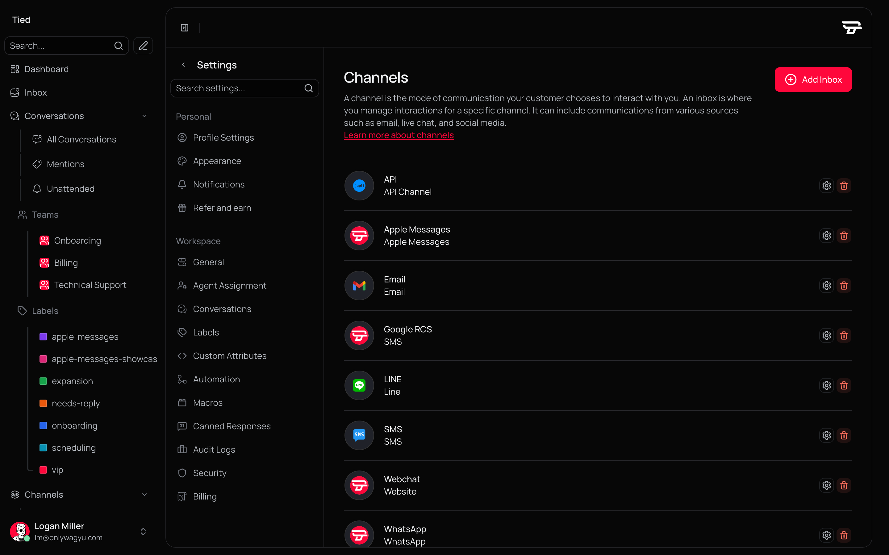 The inbox list in settings, with the web chat inbox connected.