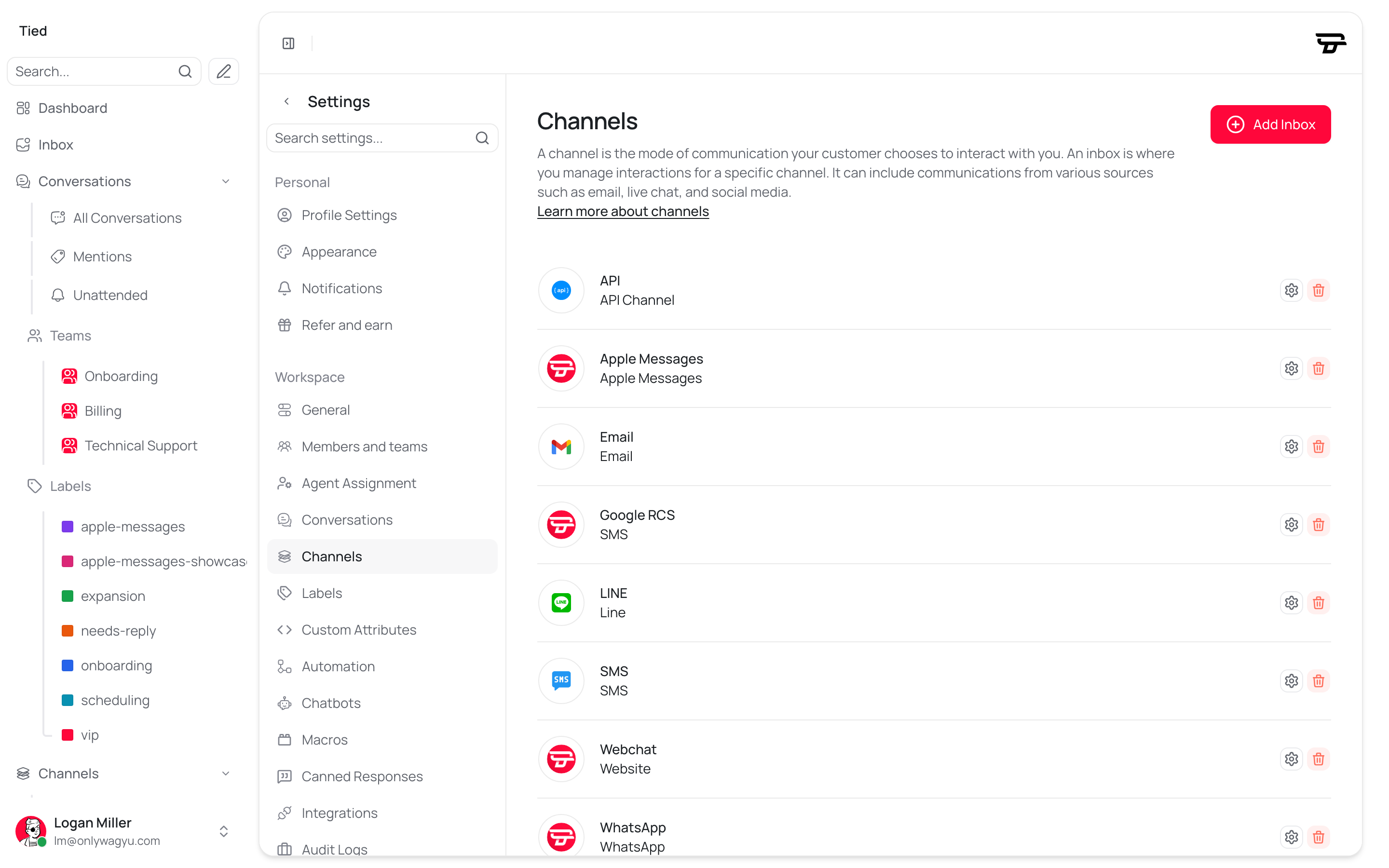 The inbox list in settings, with the web chat inbox connected.
