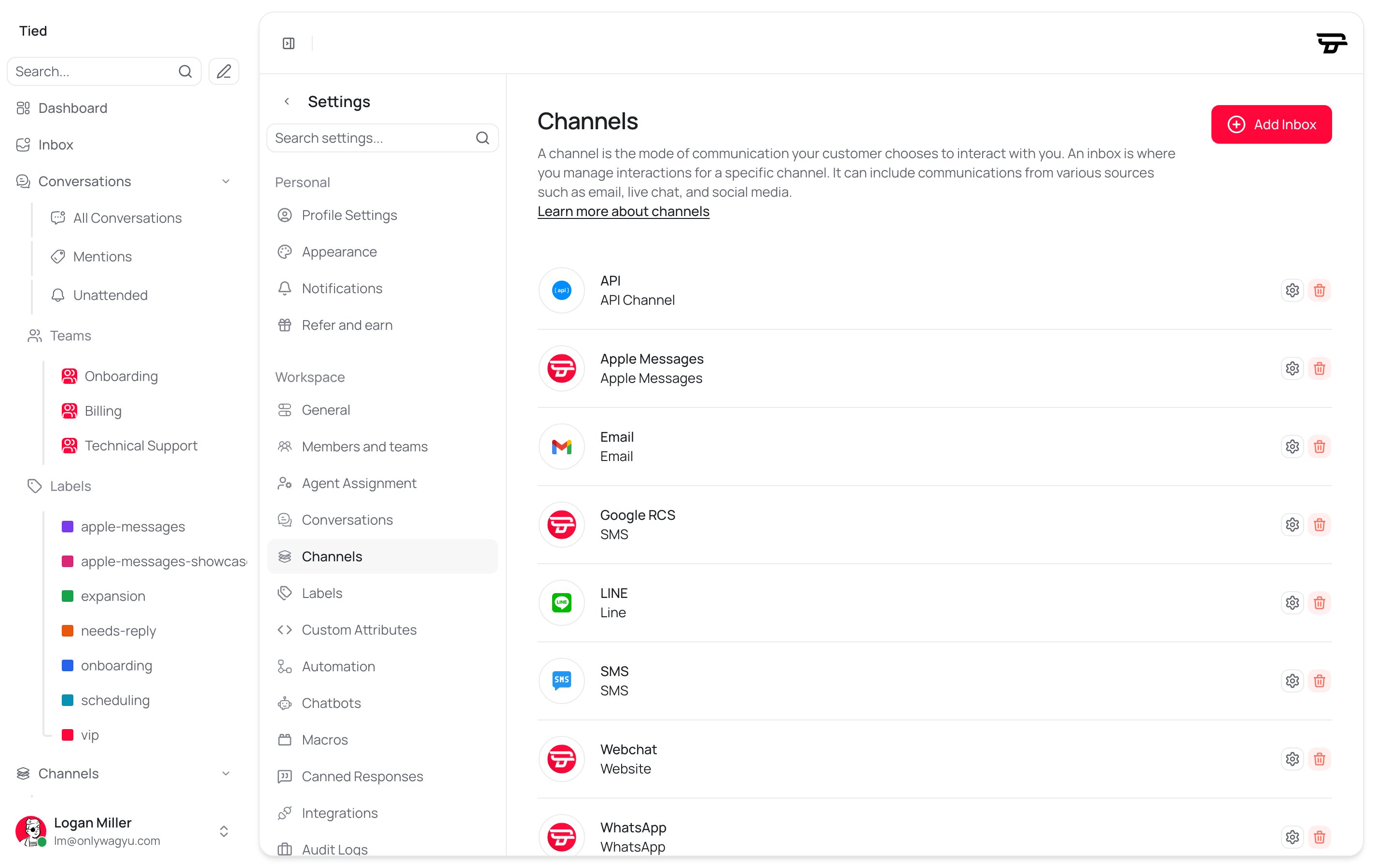 The inbox list in settings, with the web chat inbox connected.