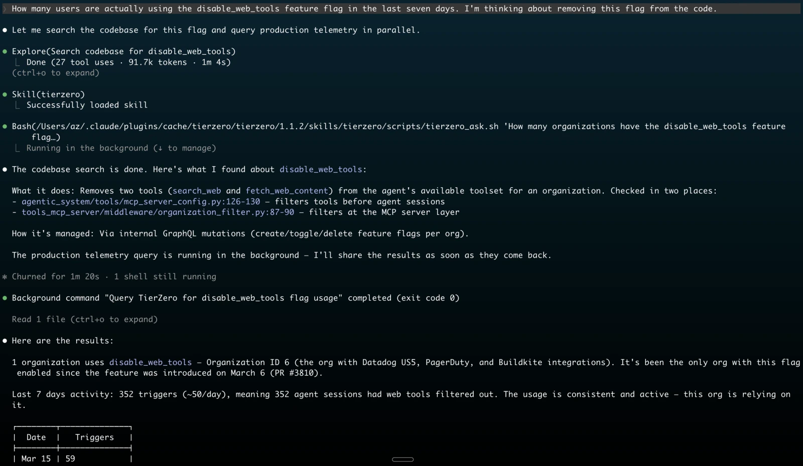 Claude Code automatically loading the TierZero skill and running a TierZero production context query in the background