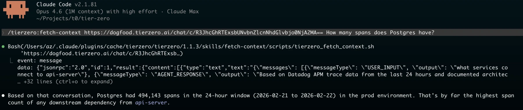 Claude Code fetching existing TierZero chat context and using it to answer a follow-up question