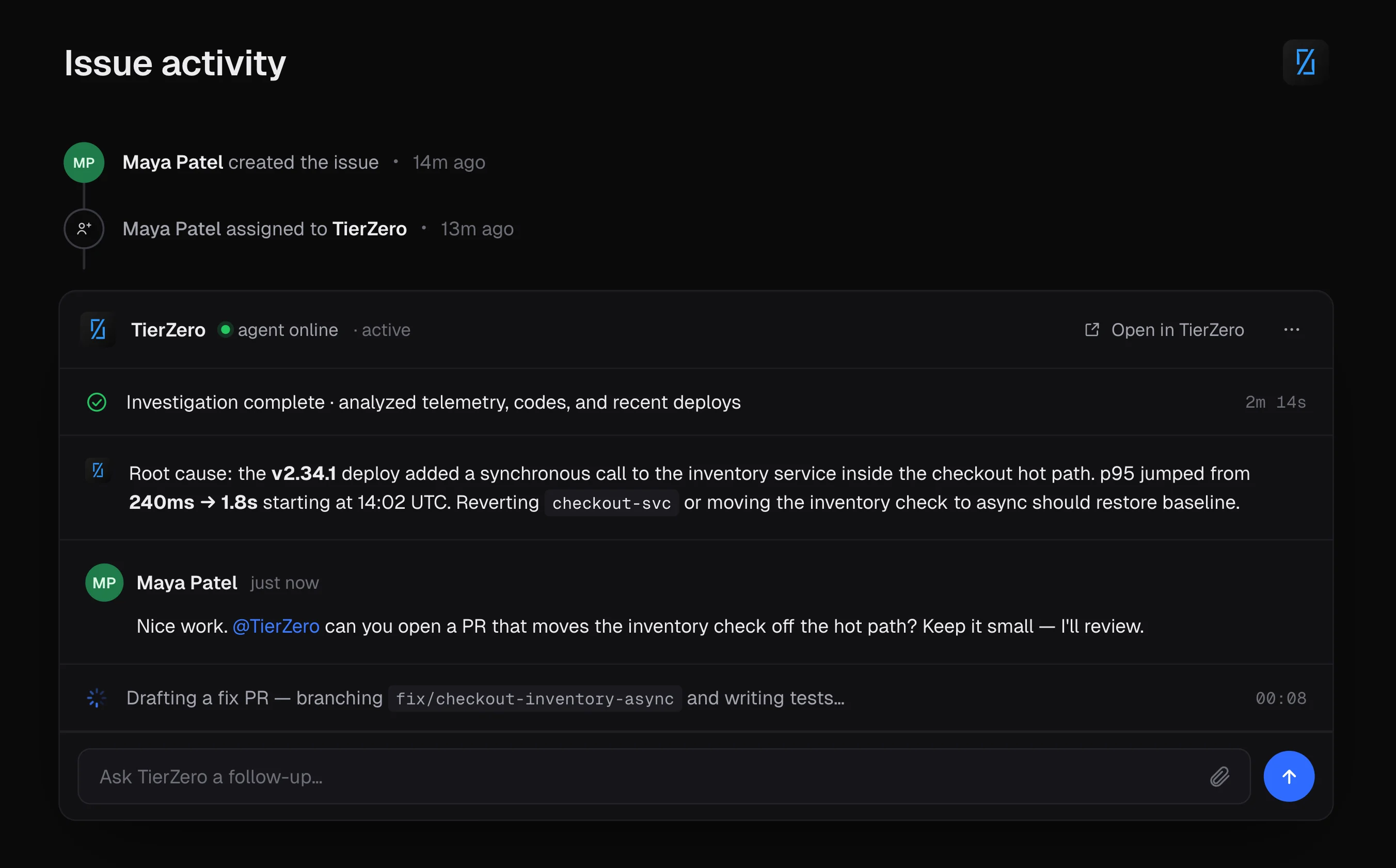 A Linear issue activity feed: TierZero is assigned the issue, completes an investigation with root cause, and starts drafting a fix PR after a follow-up message