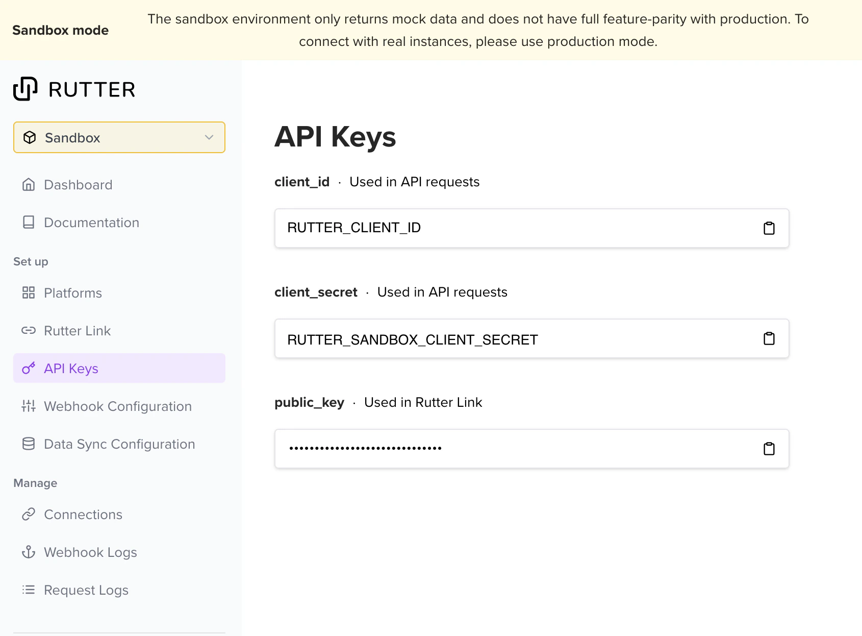Rutter Sandbox Mode Settings