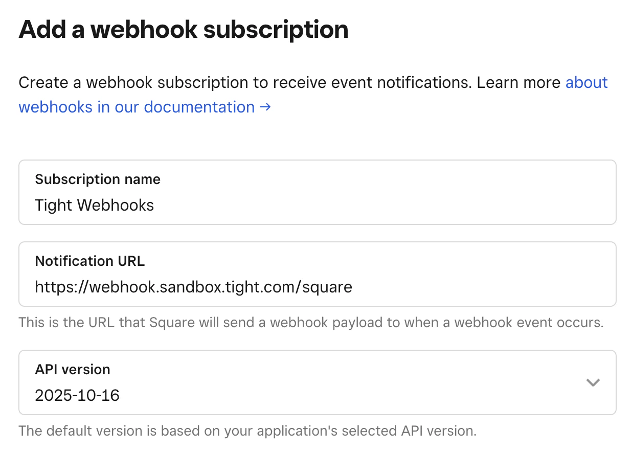 Square Webhook Settings