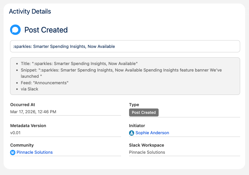 Activity Info LWC showing a Post Created activity with metadata, initiator, and community