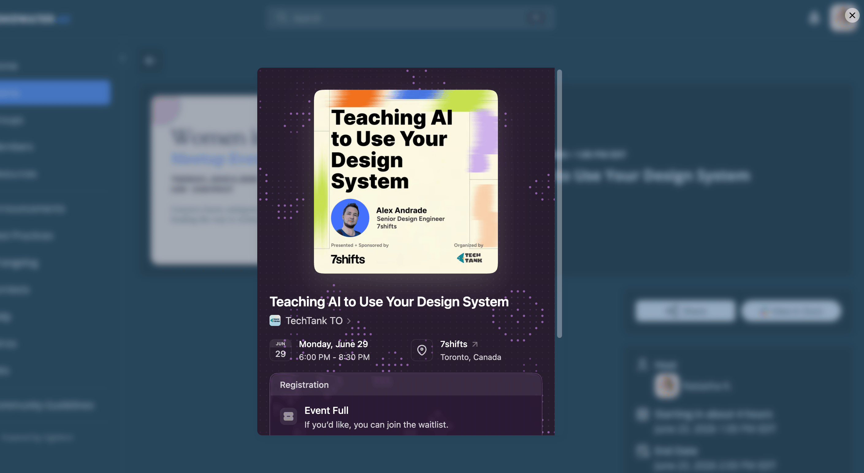 The Luma registration flow opening inline on a published community site event page