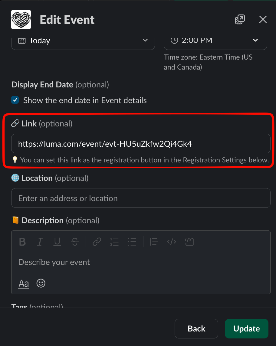 Paste the Luma event URL into the Link field