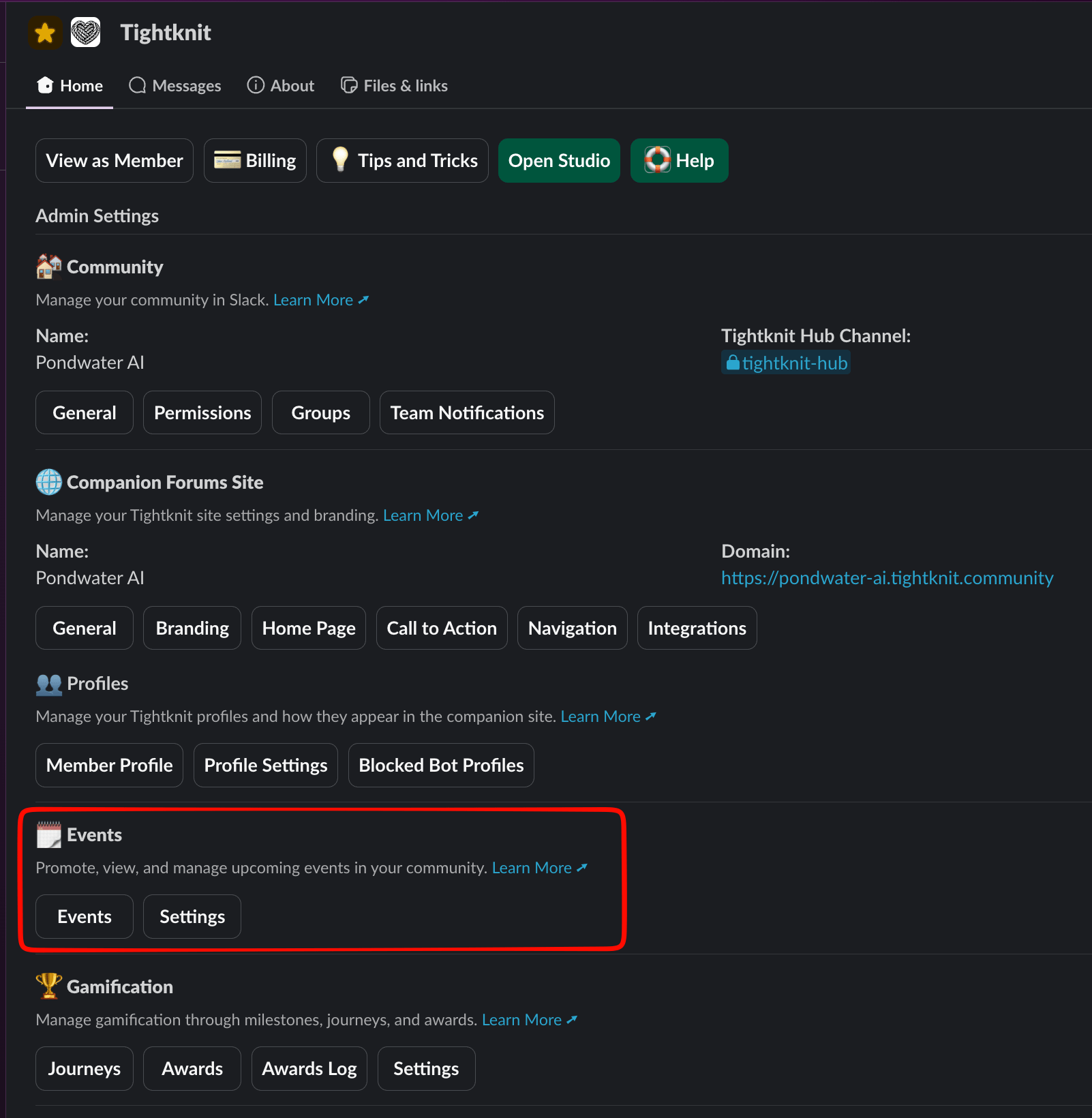 The Events section on the Tightknit app's Home tab in Slack