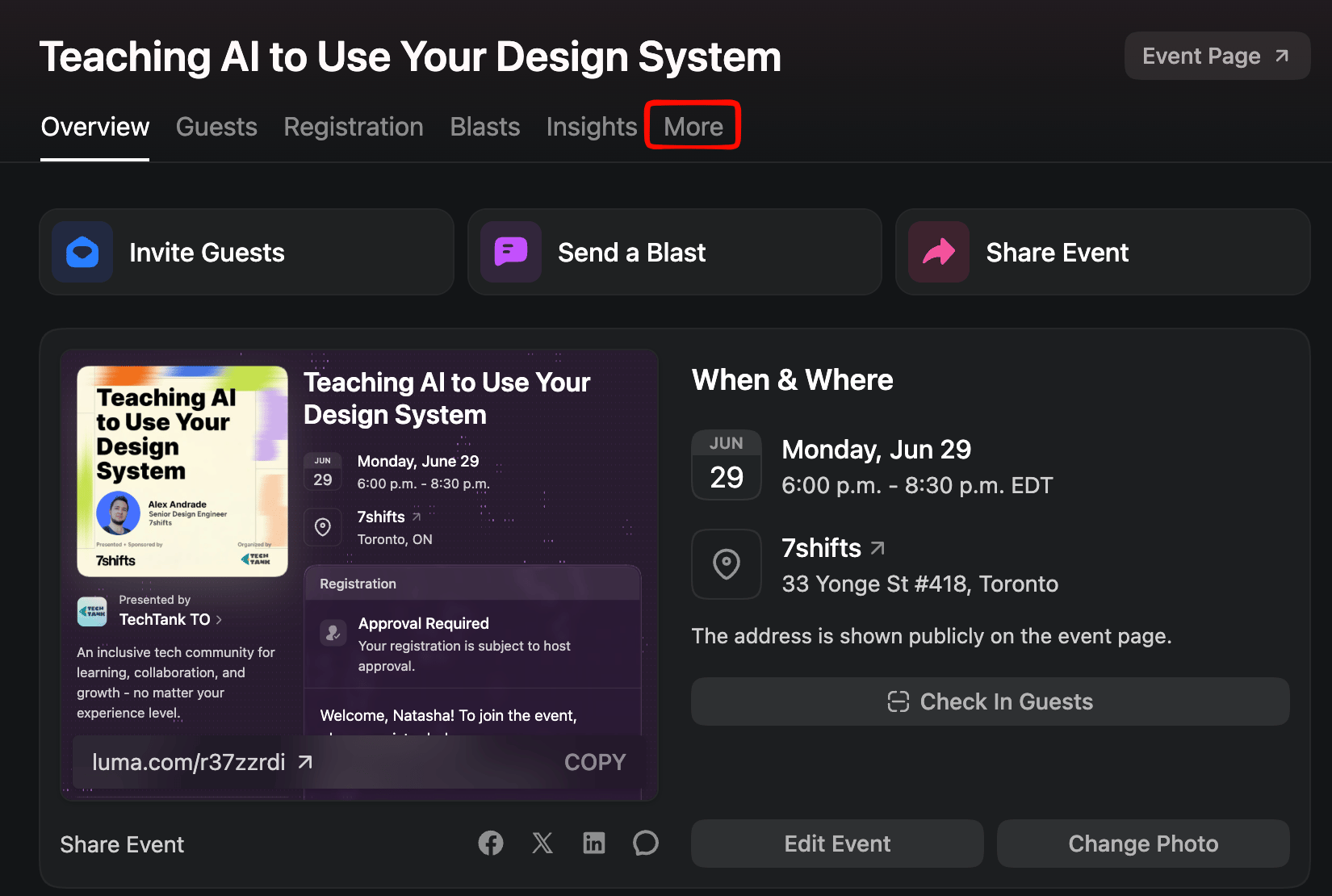 Open your event in Luma and select the More tab