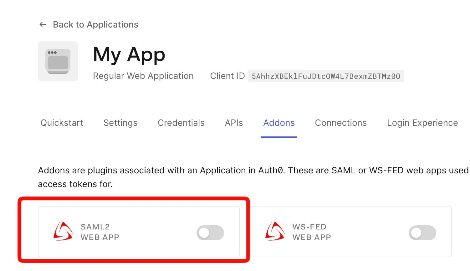 Auth0 Application Addons tab showing the SAML2 Web App addon toggle