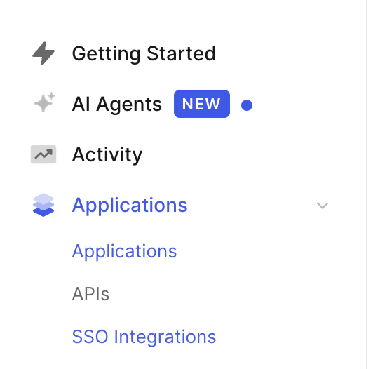 Auth0 Dashboard sidebar showing the SSO Integrations option under Applications