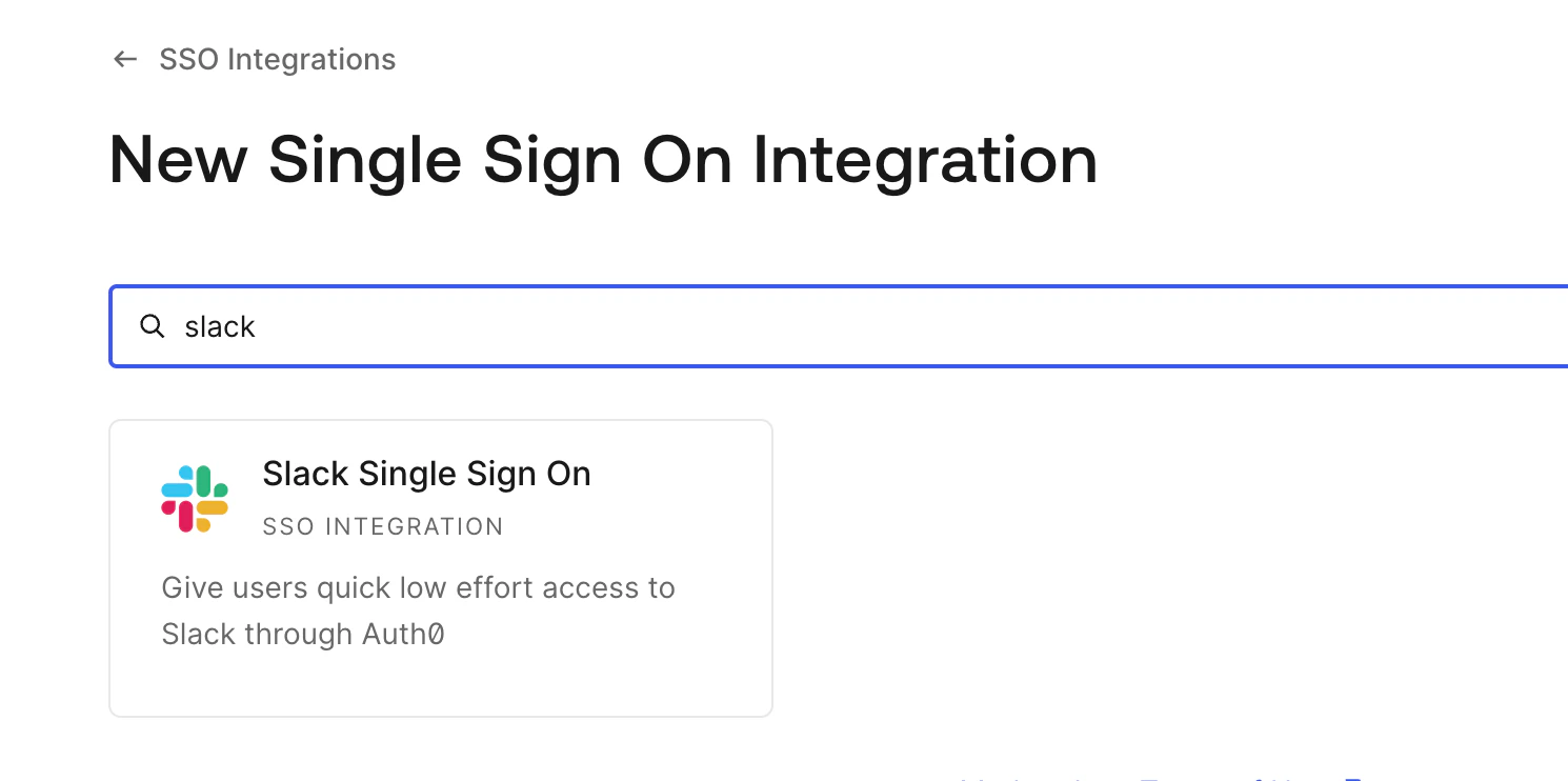 Auth0 New Single Sign On Integration page showing search results for Slack