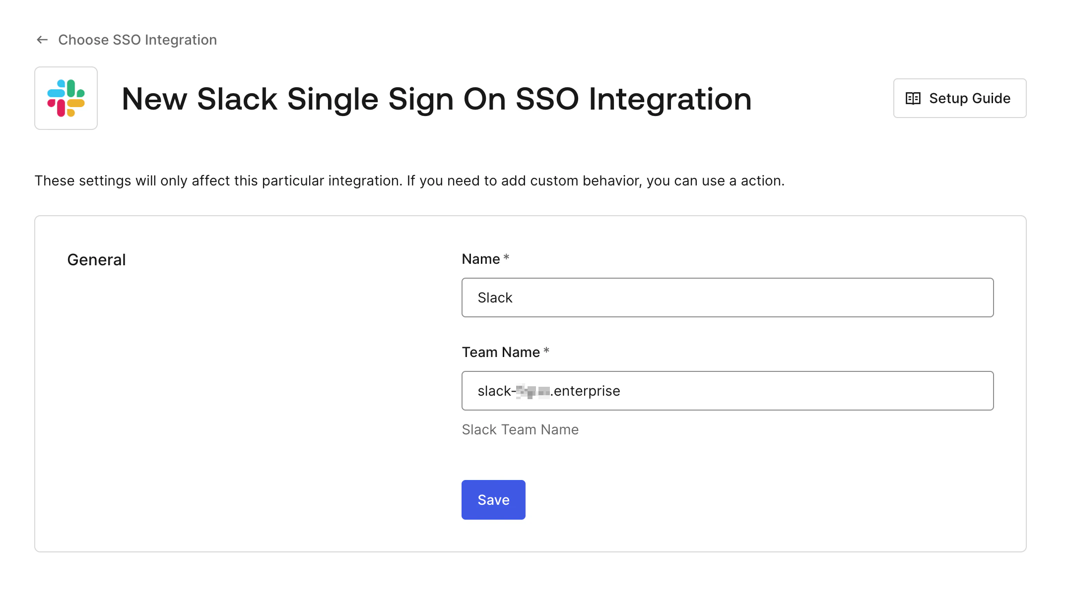 Auth0 New Slack Single Sign On SSO Integration form with Name and Team Name fields