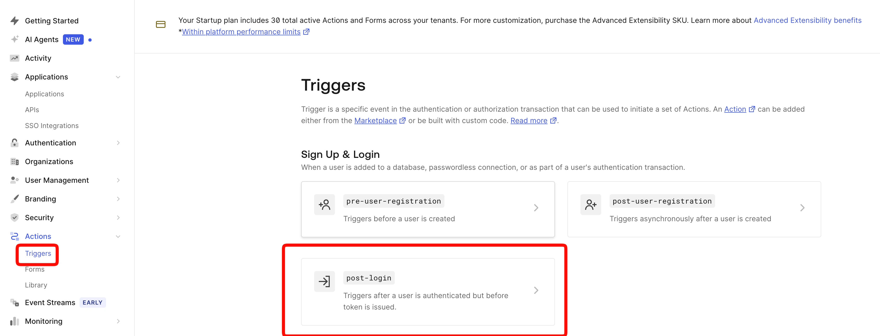 Auth0 Triggers page showing the post-login trigger highlighted under Sign Up and Login
