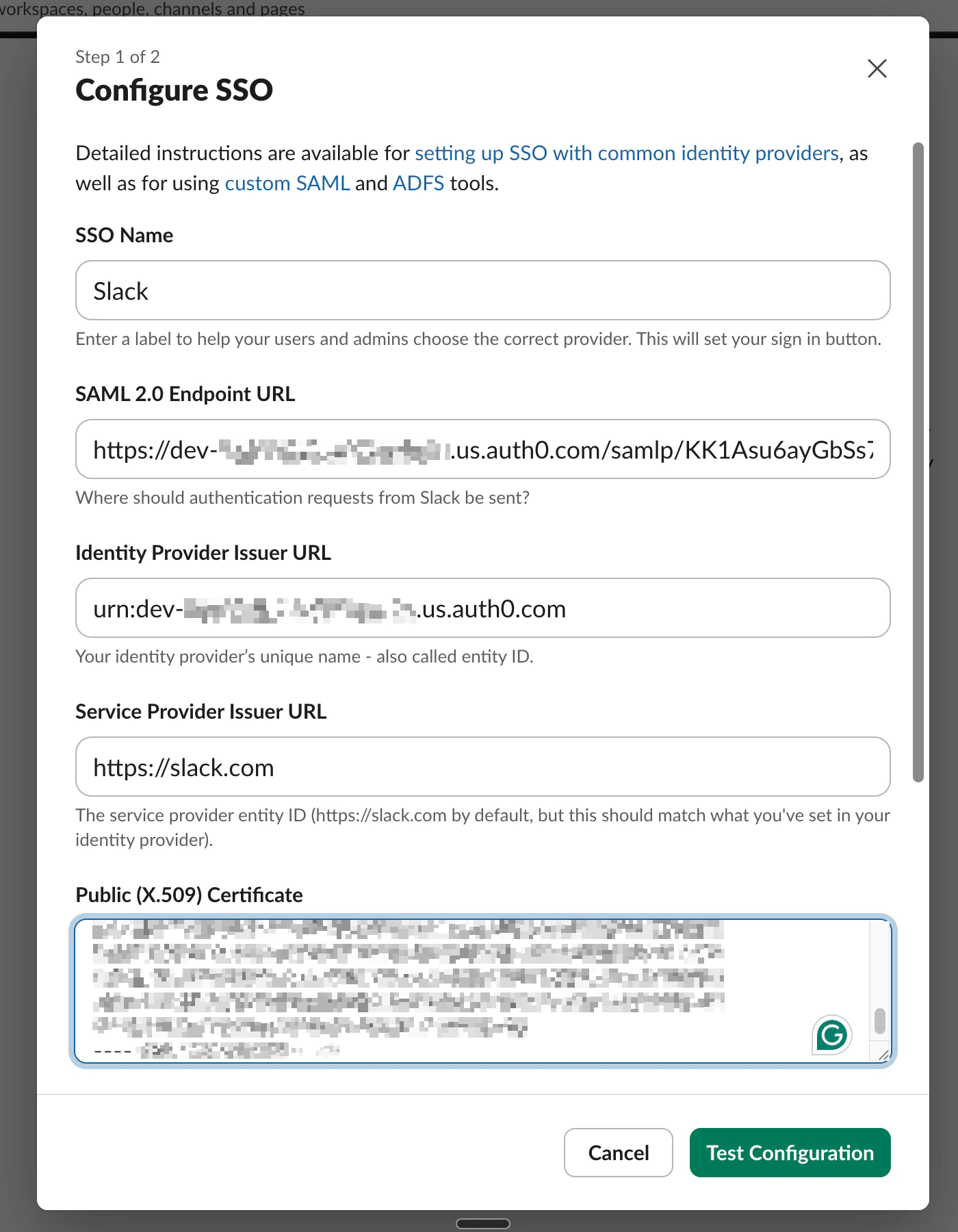 Slack Configure SSO dialog showing SAML fields filled with Auth0 values