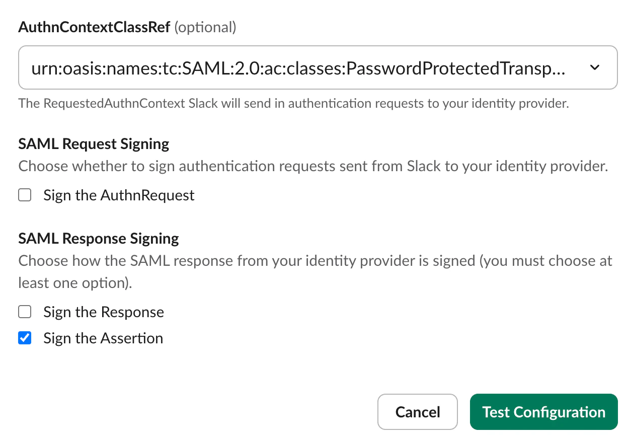 Slack SSO signing options showing Sign the Assertion checked under SAML Response Signing
