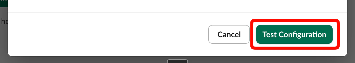 Slack Configure SSO dialog with the Test Configuration button highlighted