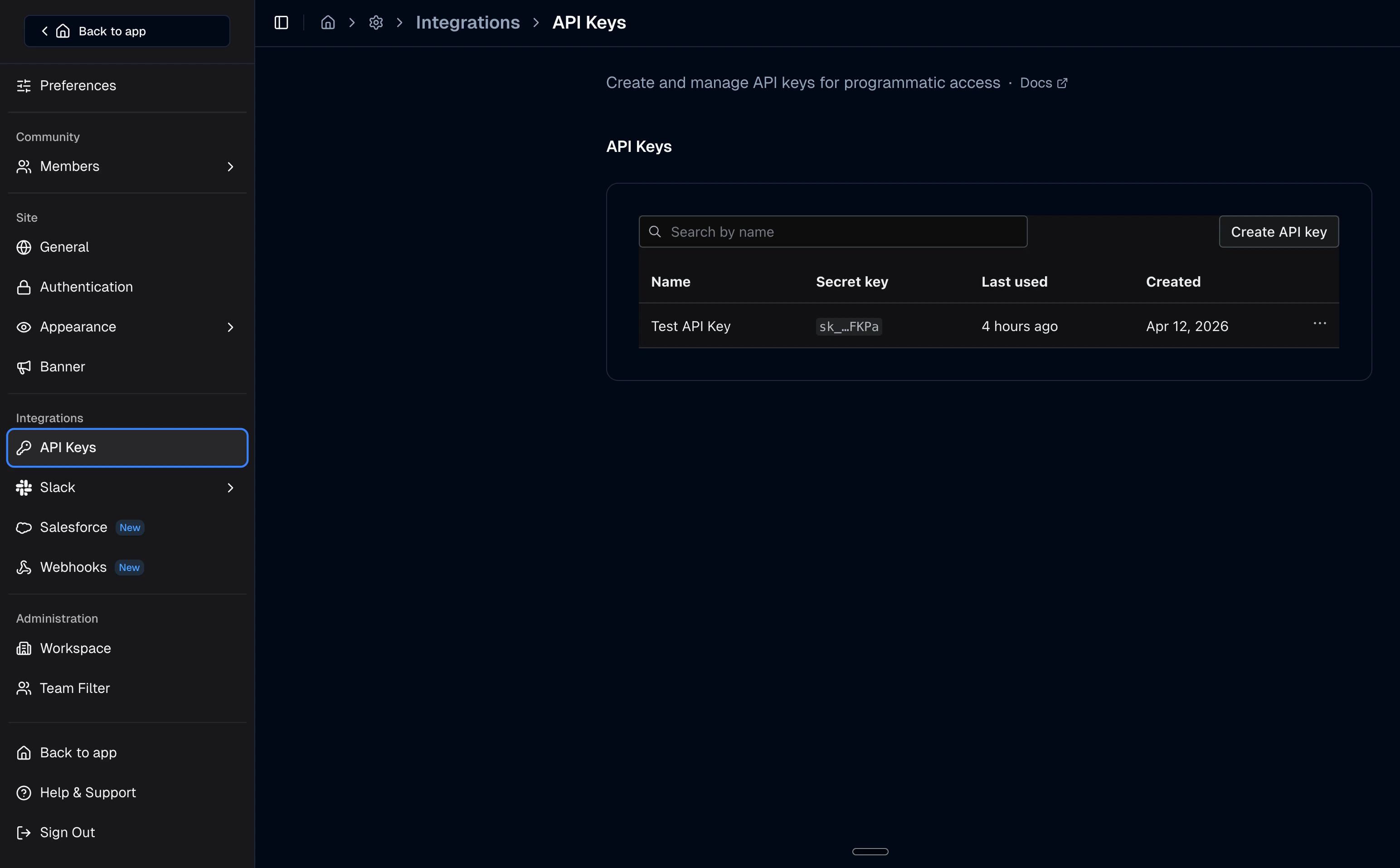 Tightknit Studio API Keys page showing where to create and copy API keys