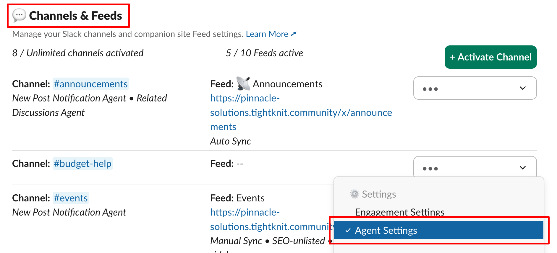 Agent Settings menu option