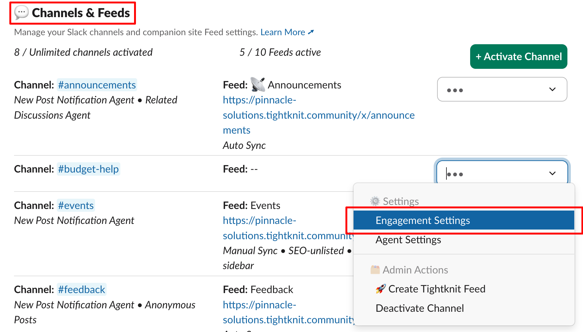 Engagement Settings menu option