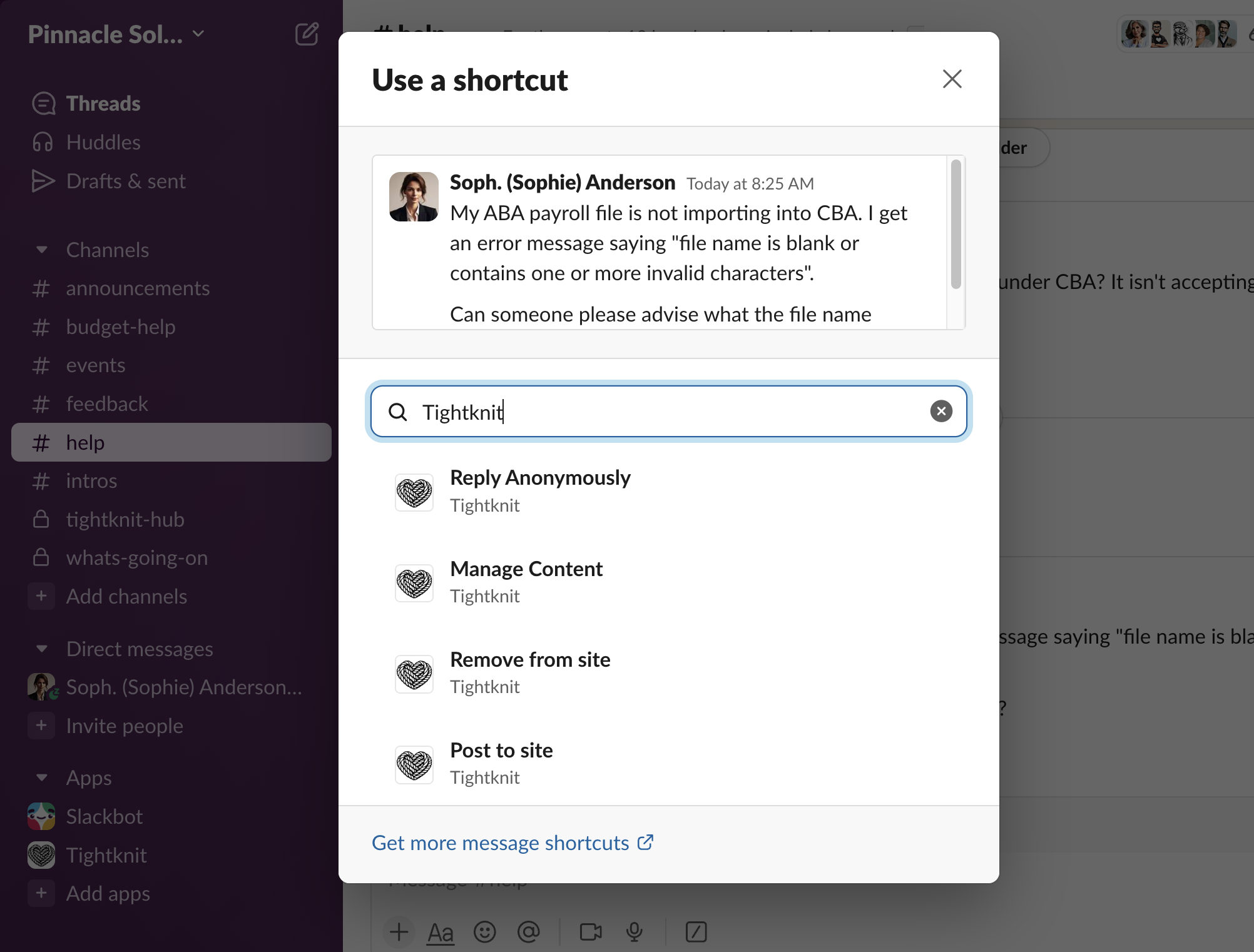 Slack message shortcuts search