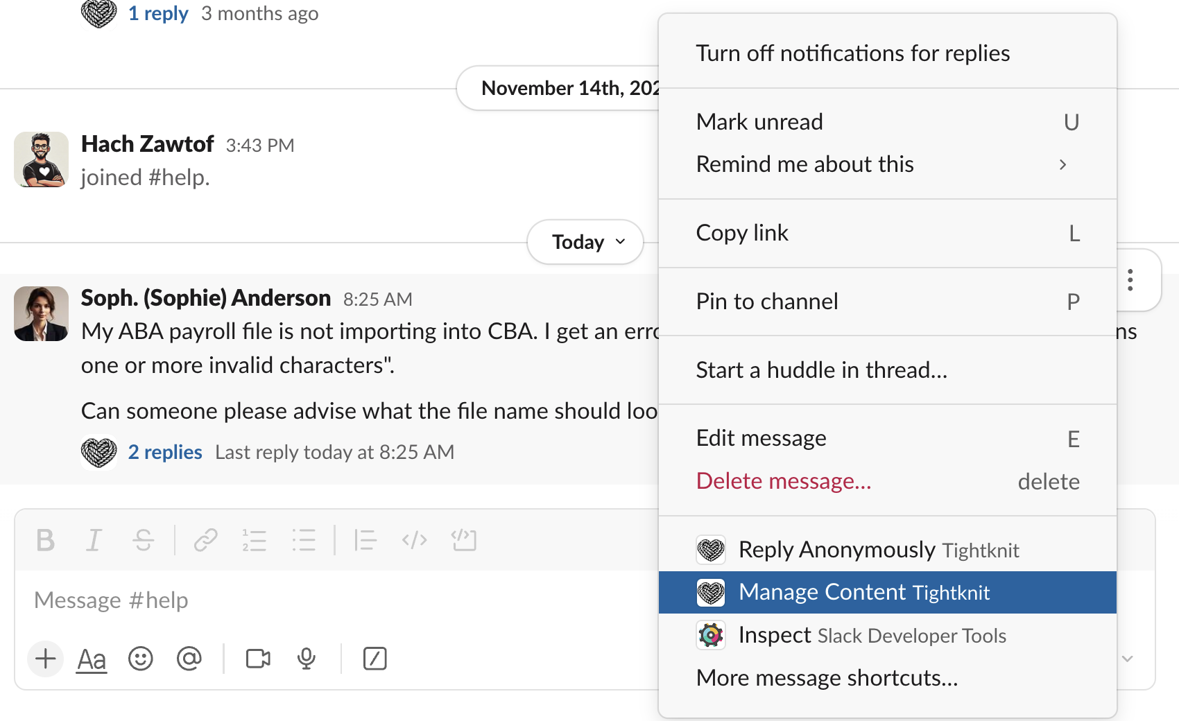 Slack message shortcuts