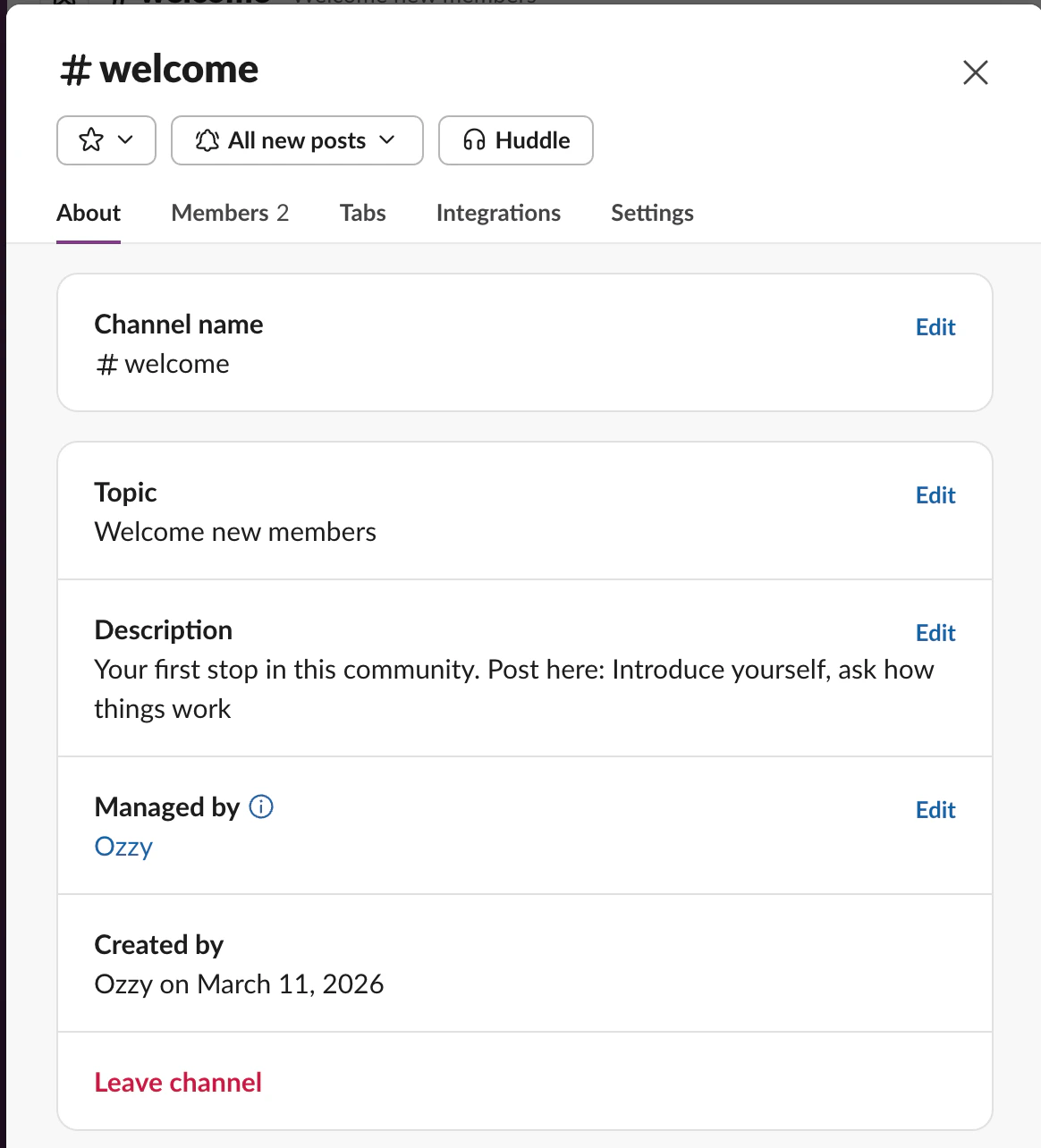 Channel description and topic fields