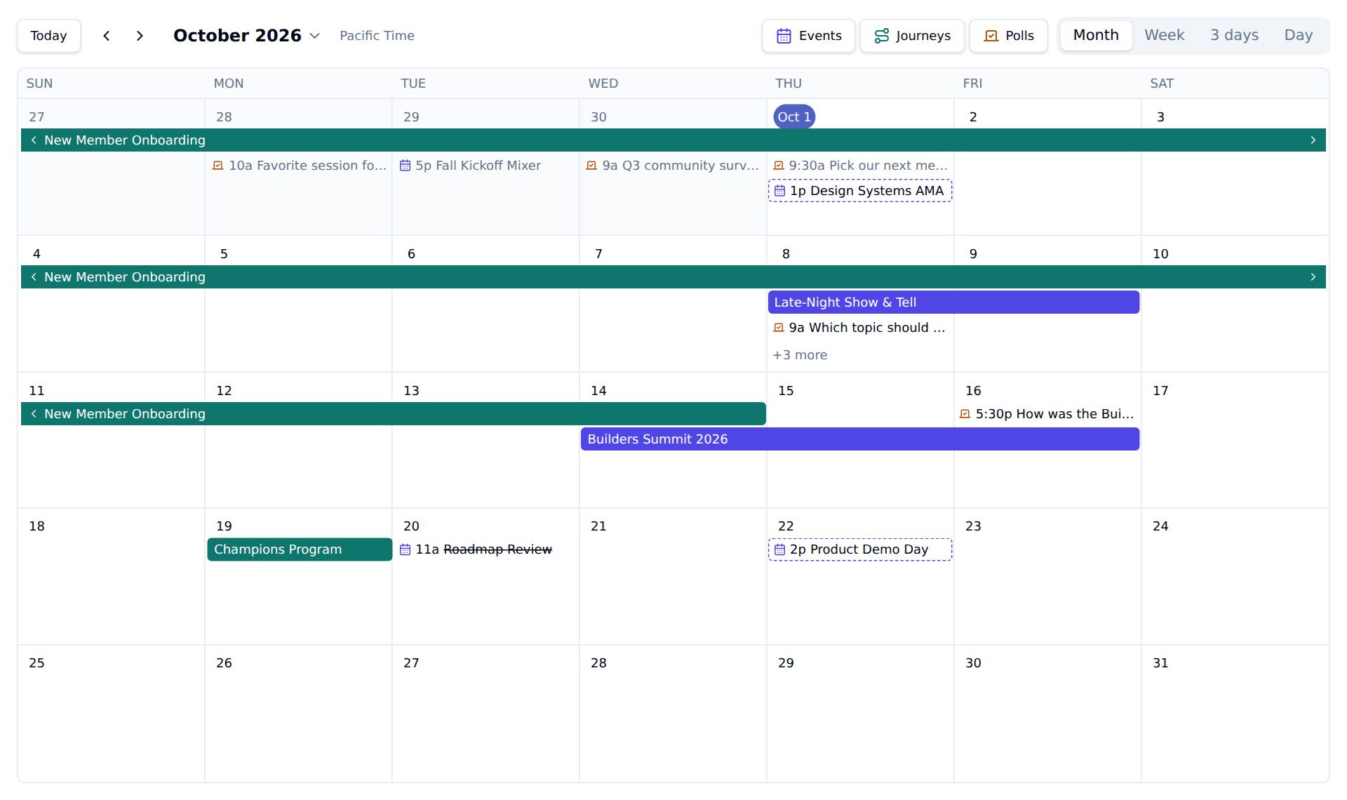 The Calendar month view in Studio, showing journeys as bars across the week, multi-day events as bars, and single events and scheduled polls listed on their days