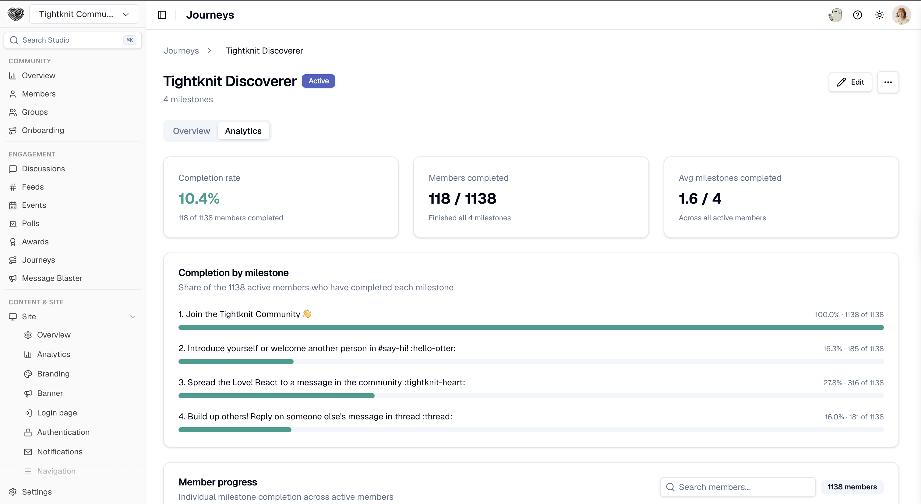 The Analytics tab on a journey in Studio