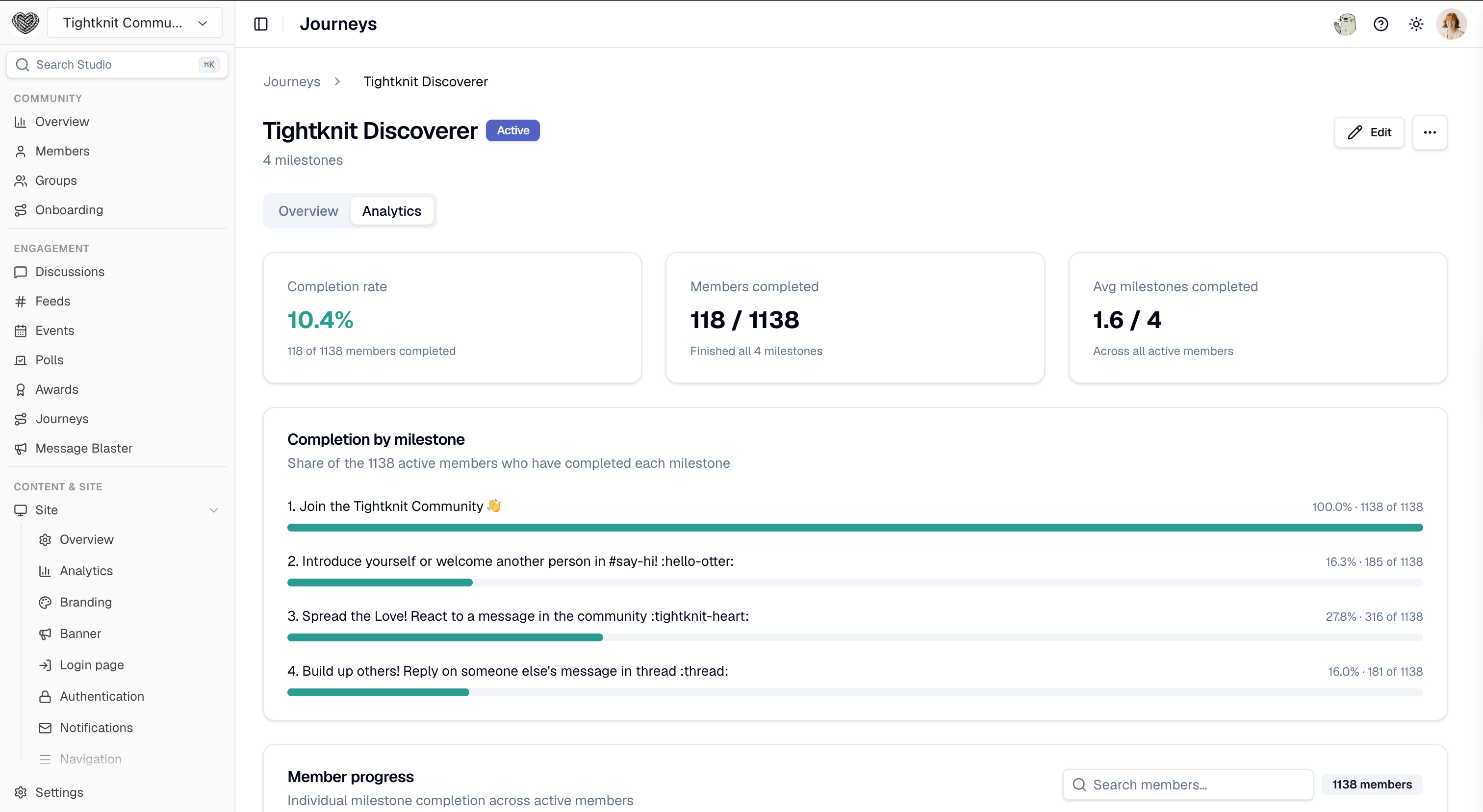 The Analytics tab on a journey in Studio