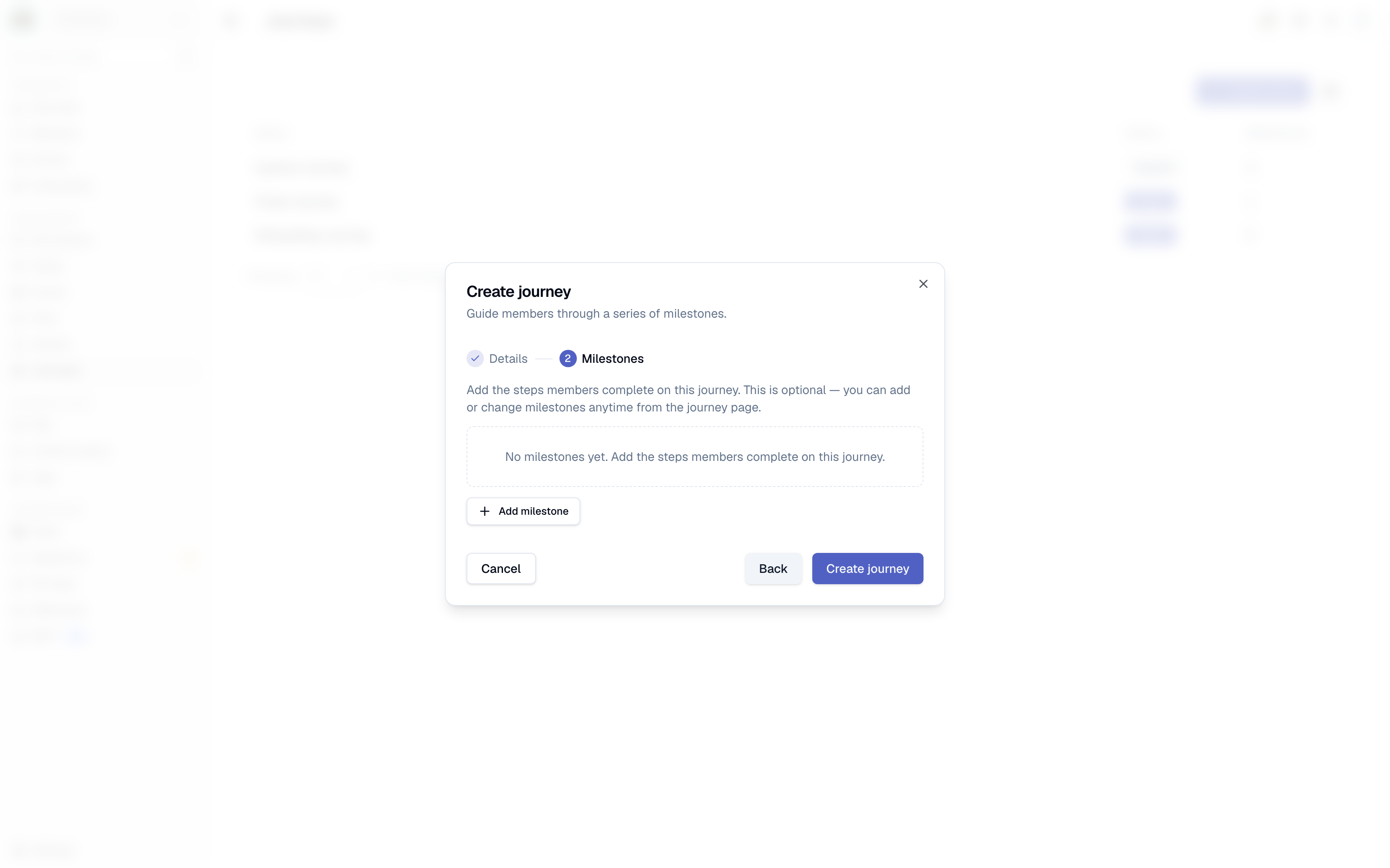 The Milestones step of the create-journey wizard in Studio
