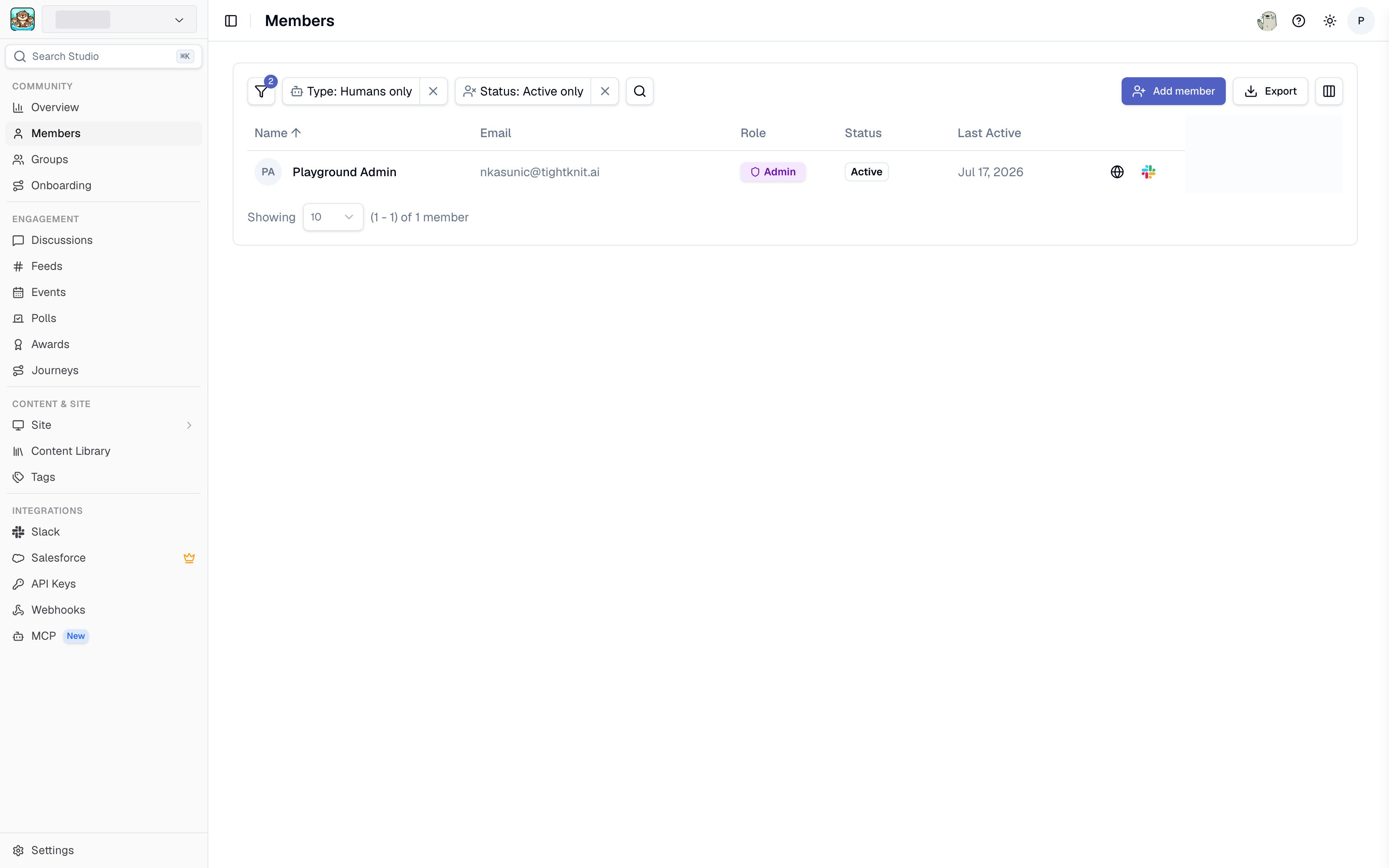 The Members page in Studio